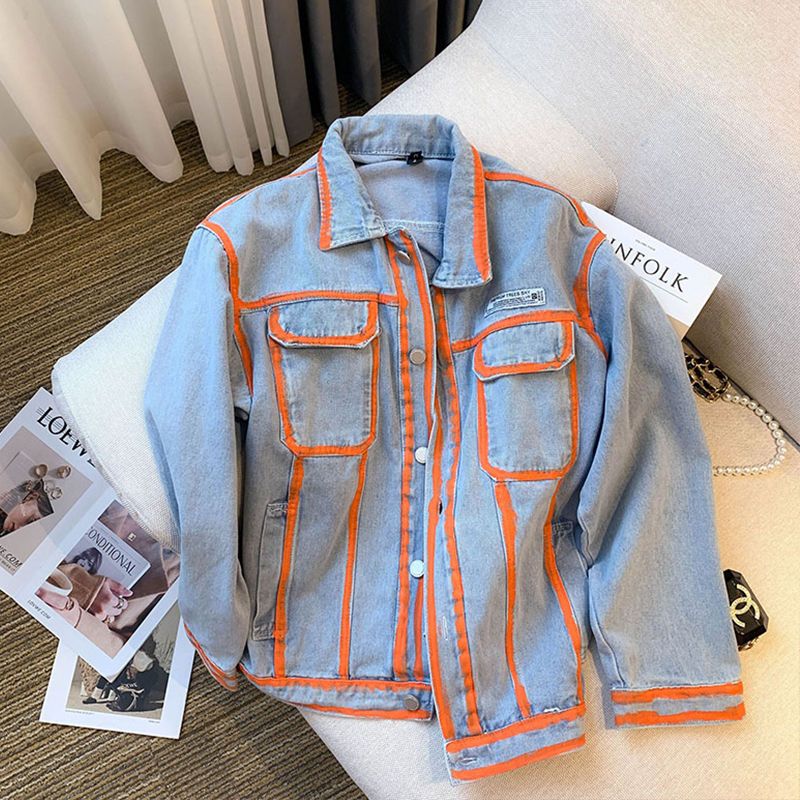 Embroidery Jacket Jeans - Retro Vrouwen Gestreepte Graffiti Contrasterende Kleur
