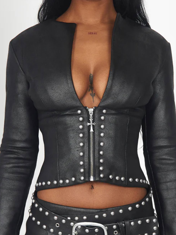 Mode Rivet Decor PU Lederen Ja - Embroidery Jacket recensie en prijs